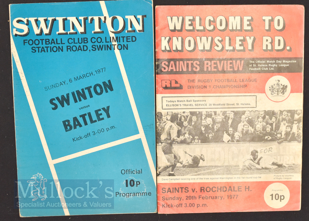 1977 Saints v Rochdale H. Rugby League Programme date 20 Feb together with 77 Swinton v Batley