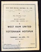 1952/53 West Ham United v Tottenham Hotspur football programme 1st floodlight football match at