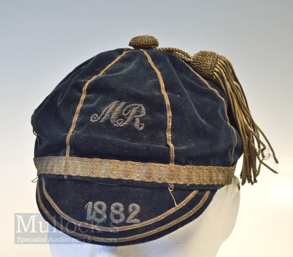 Rare 1882 ‘M R’ Honours Rugby Cap - navy blue velvet cap with silver braiding, tassel, MR monogram