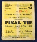 1935 FA Cup final match ticket North Terrace seat entrance 74, row 19, seat 6, yellow with black