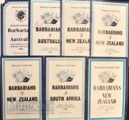 G Edwards-Signed Barbarians Rugby Programmes (7): Issues from great matches inc v NZ 1954, 1964,