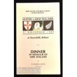 1989 Ulster v New Zealand Rugby Dinner Menu: Neat crisp 4pp card, VG