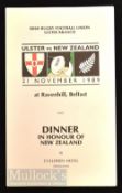 1989 Ulster v New Zealand Rugby Dinner Menu: Neat crisp 4pp card, VG