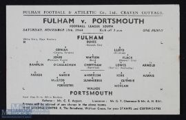 War League South 1944/45 Fulham v Portsmouth football programme, single sheet; has been folded, kept