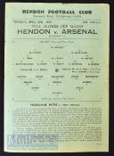 1953/54 Hendon v Arsenal Will Mather Cup football programme 29 April 1954 at Cricklewood, single