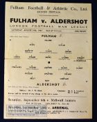 London War League 1941/42 Fulham v Aldershot football programme 30 August, single sheet.