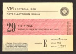 Scarce 1958 World Cup Semi-Final Brazil v France football ticket date 24 June played at Solna,