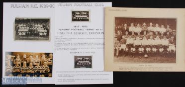 1929/30 Fulham b&w team postcard (Burwoods) with print of 1930 team in away kit; 1922/23 Fulham team