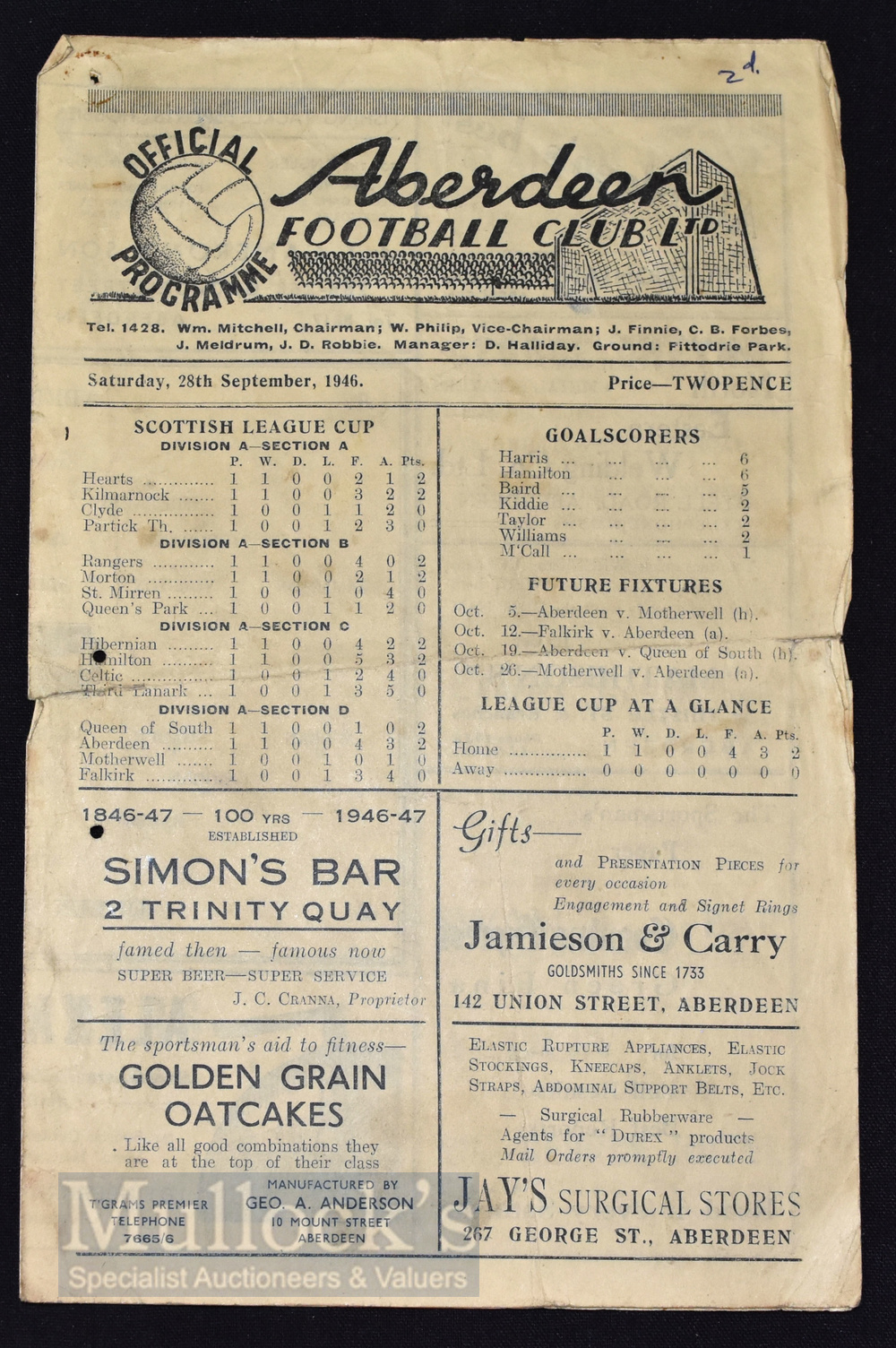 Scarce 1947/48 Aberdeen v Queen of the South Scottish League Cup Div. ‘A’ Section ‘D’ match