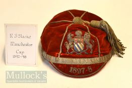 Rare 1897-98 Manchester (Rugby) Football Club Honours Cap issued to R B Slacke: red and silver, with