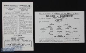 War football league south 1944/45 Fulham v Brentford 4 November single sheet; 1945/46 Fulham v Derby