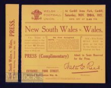 Rugby Ticket, Wales v NSW, 1927: In neat folder, bright crisp & clean, a yellow Press ticket for