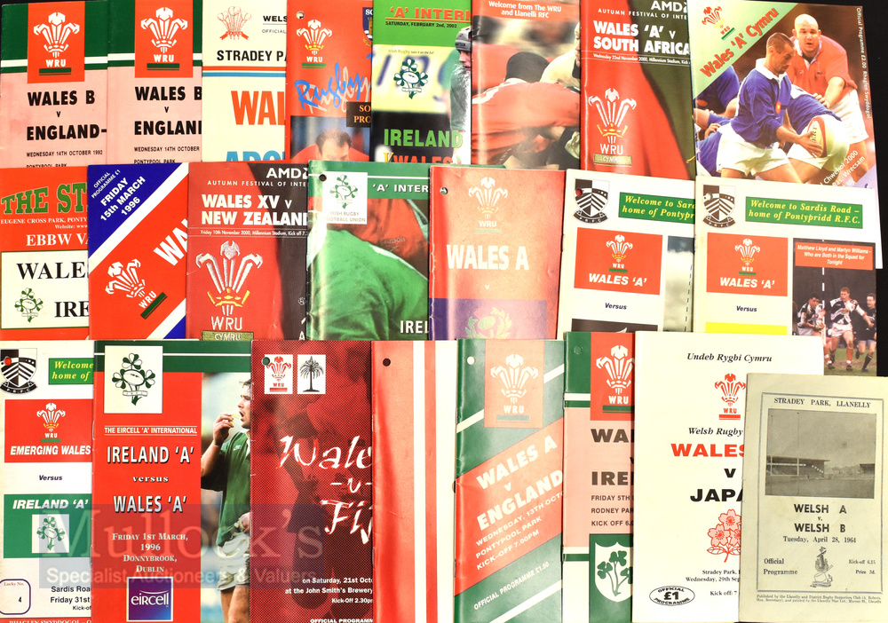 Wales ‘A’ & ‘B’ Rugby Programmes (24): Fine wide selection, mostly homes, with New Laws match at