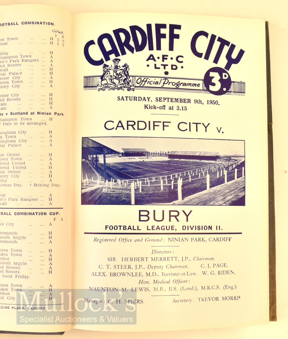 1950/51 Hardbound volume Cardiff City home match programmes Div 2 matches (21) to include Manchester - Image 2 of 2