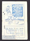 1935/36 Cardiff City v Queens Park Rangers football programme date 10 Oct, holes punched, loose