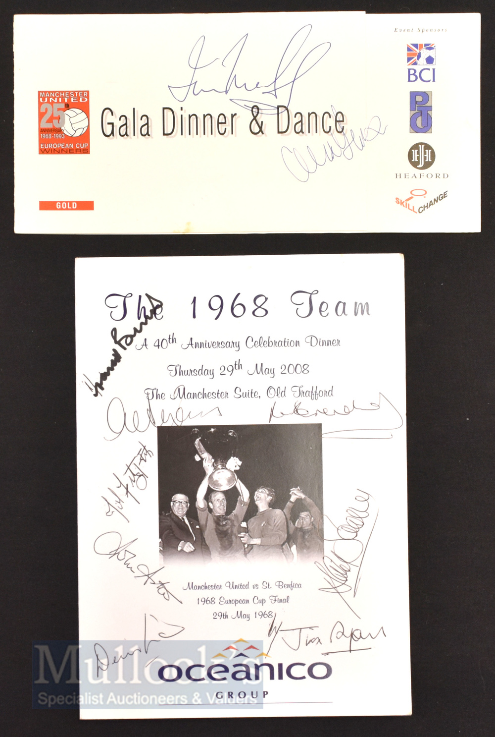 The 1968 Team 40th celebration dinner menu signed by Francis Burns, Pat Crerand, John Fitzpatrick,