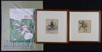 Two Framed & One Mounted Rugby Cartoon Art (3): Two 10.5” v 10” mounted, wood-framed & glazed