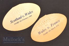 Welsh Rugby Menus v Scotland 1960 & v France 1976: Lovely rugby-ball shaped fold over card menus
