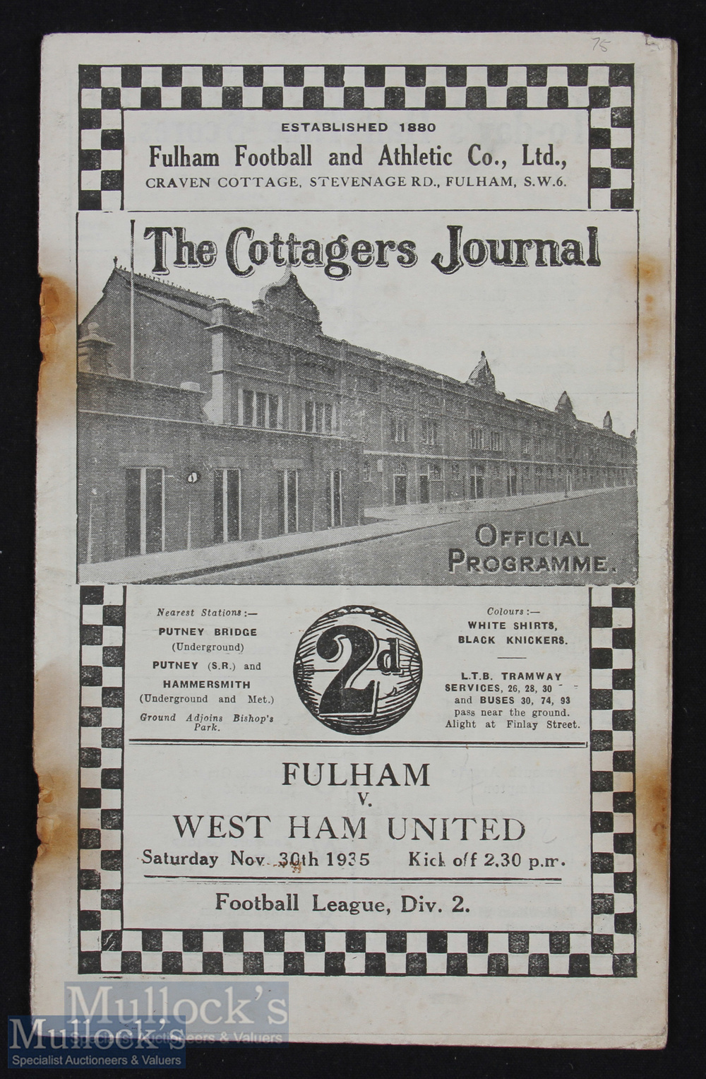 1935/36 Fulham v West Ham Utd Div. 2 match programme 30 November; slight crease, heavy rust marks,