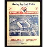 1938 England v Scotland Rugby Programme: Pocket fold, wear to team sheet and small closed cover tear