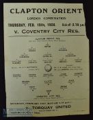 1937/38 Clapton Orient v Coventry City London Combination football match programme 10 February,