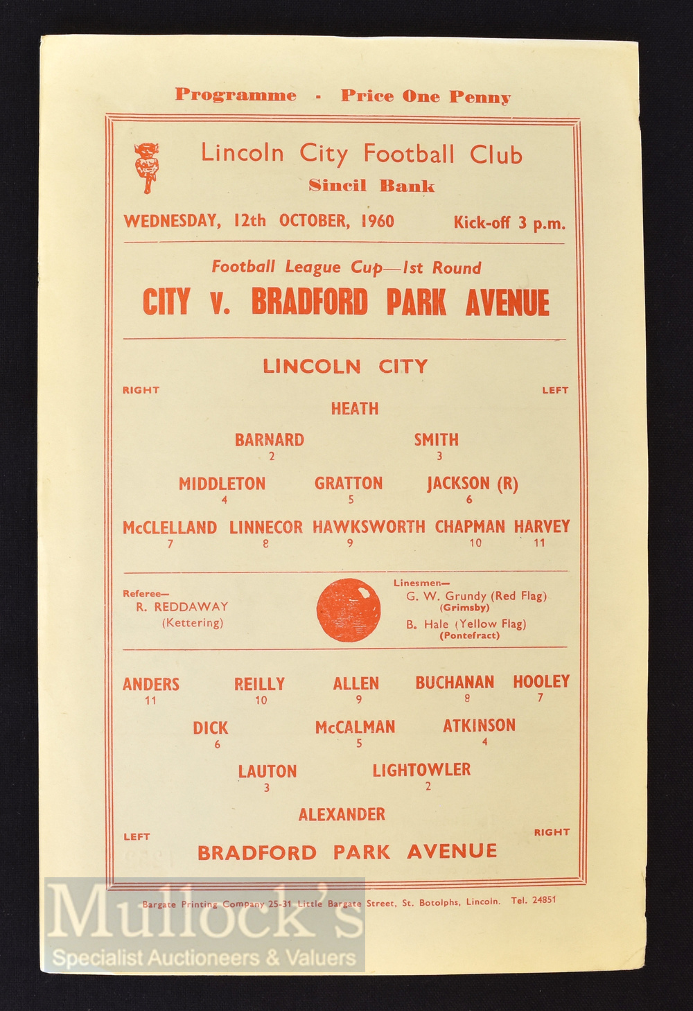 Football League Cup match programme 1960/61 1st round Lincoln City v Bradford Park Avenue 12 October