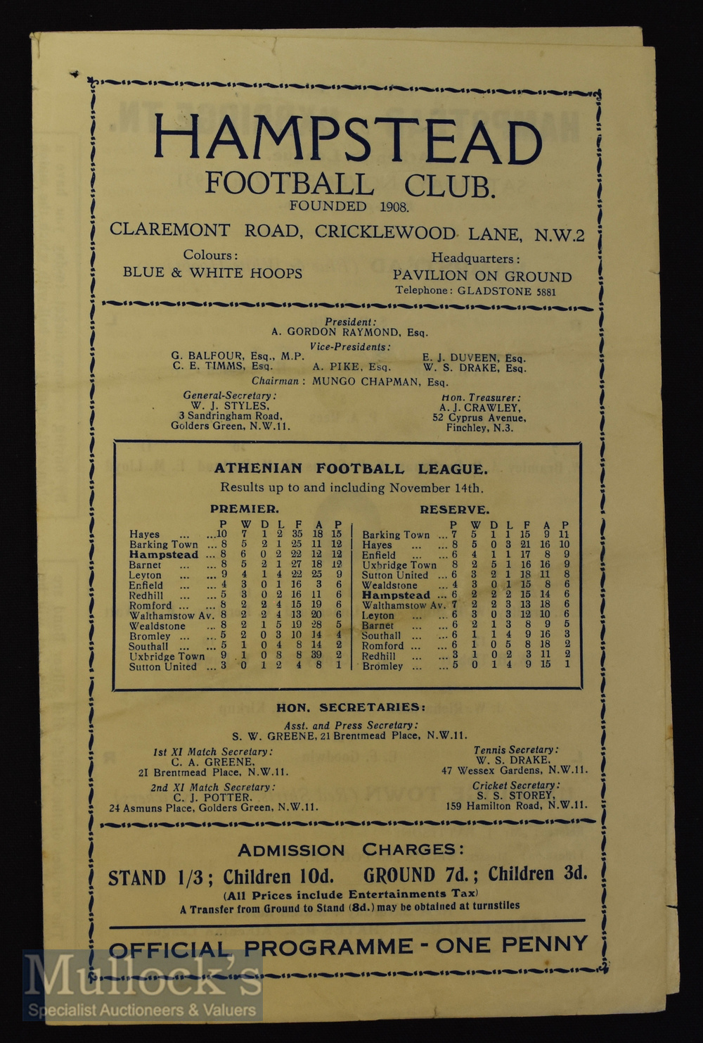 1931/32 Hampstead FC v Uxbridge Town Athenian League match programme 21 November. 4 pager, Fair-