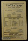 1931/32 Hampstead FC v Uxbridge Town Athenian League match programme 21 November. 4 pager, Fair-