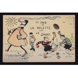1905 Humorous French Rugby postcard: Cartoon-style advertising postcard with rugby action,