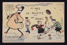 1905 Humorous French Rugby postcard: Cartoon-style advertising postcard with rugby action,