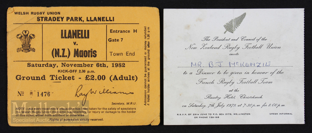 New Zealand Interest - Invite for Dinner v France 1979 & ticket for Llanelli v Maoris 1982 (2):