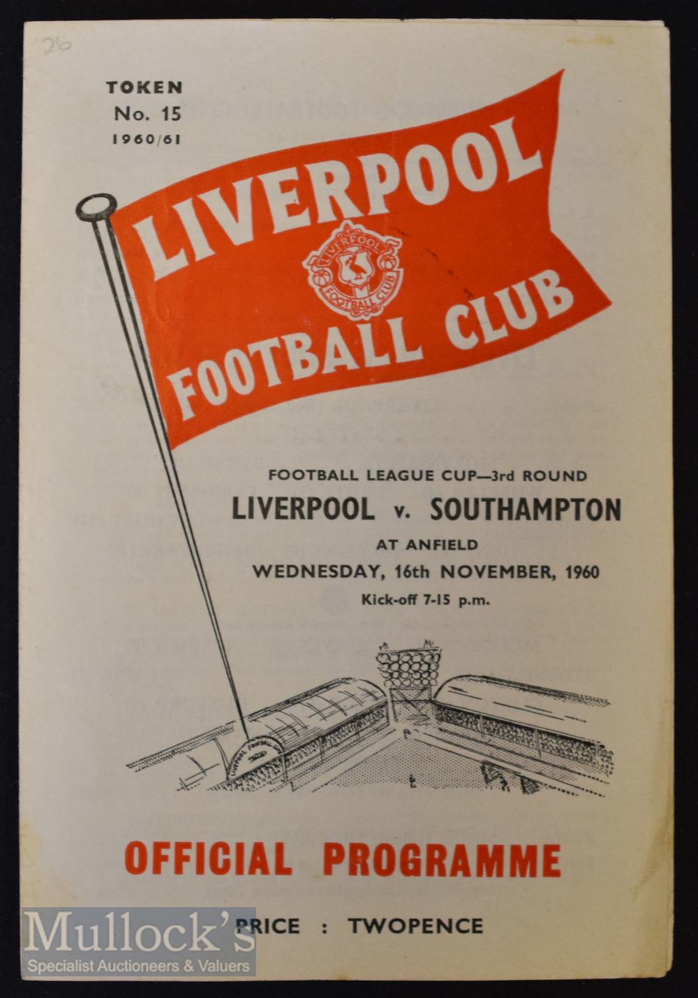 1960/61 Football League cup programme Liverpool v Southampton 16 November, 4 pager, team changes o/