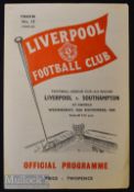 1960/61 Football League cup programme Liverpool v Southampton 16 November, 4 pager, team changes o/