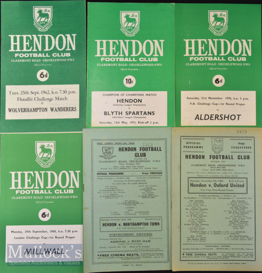 Selection of Hendon FC home match programmes to include 1952/53 Northampton Town (FAC), 1960/61