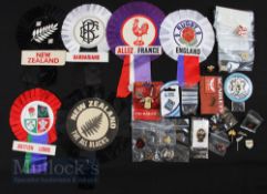Vintage Rugby Rosettes and Badges (25): Four large colourful rosettes in VG condition for New