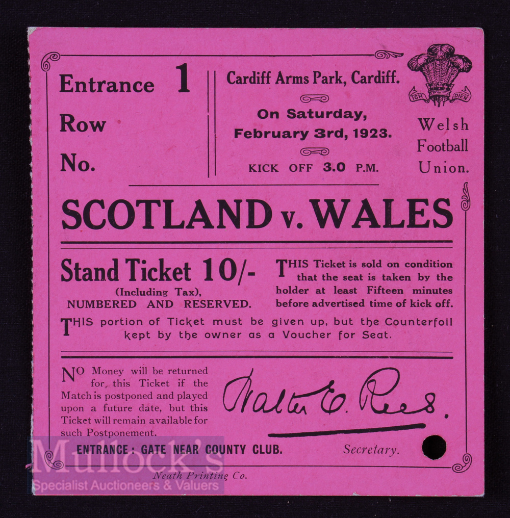 Rare 1923 Wales v Scotland Rugby Ticket: Large pink card 10/- stand ticket for Cardiff Arms Park and