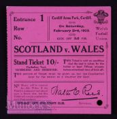Rare 1923 Wales v Scotland Rugby Ticket: Large pink card 10/- stand ticket for Cardiff Arms Park and