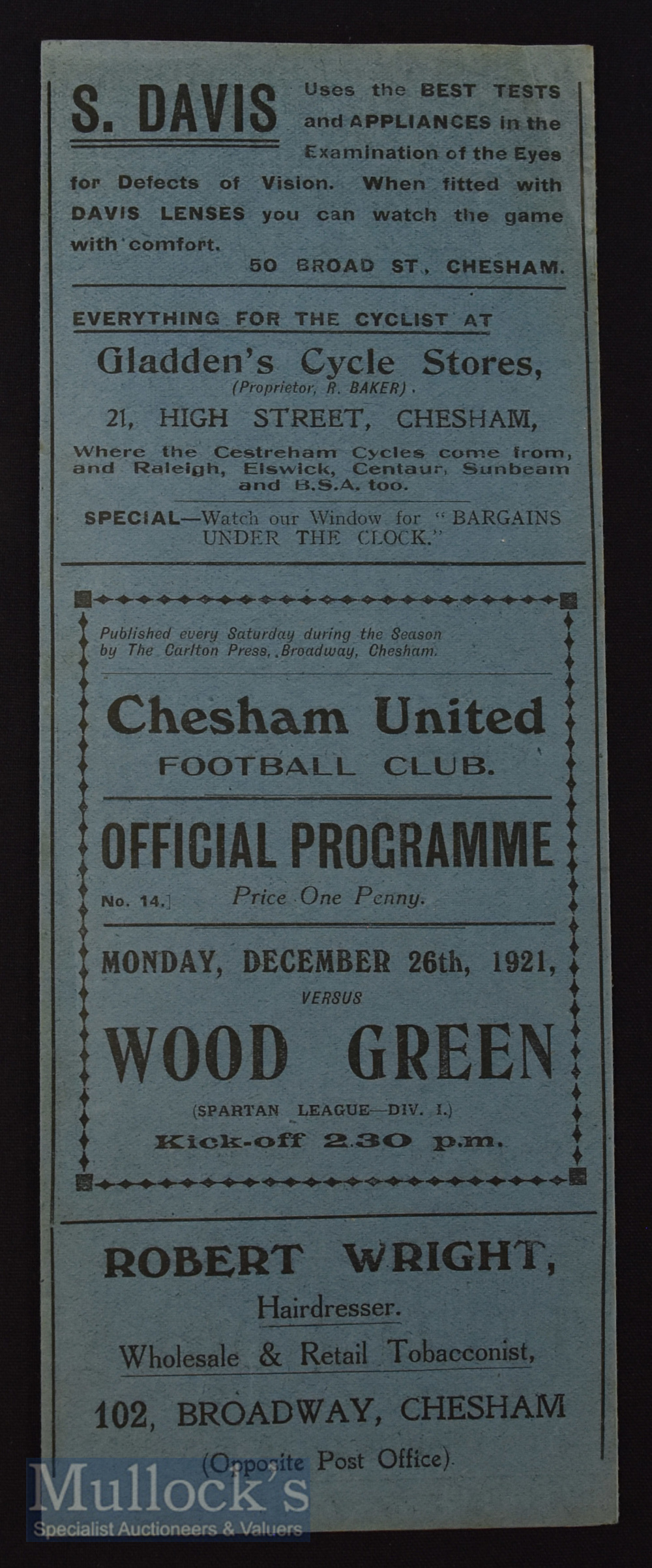 1921/22 Chesham Utd v Wood Green Spartan League match programme Boxing Day fold out type, good.