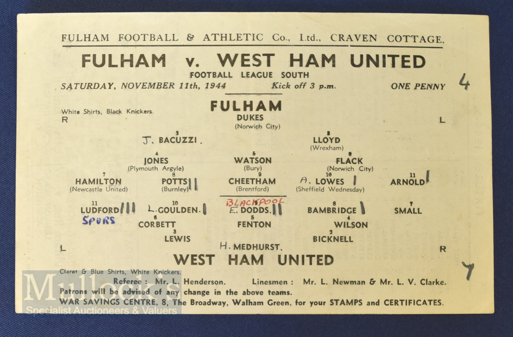 War League South 1944/45 Fulham v West Ham Utd single sheet 11 November, very slight crease, team