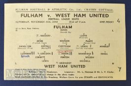 War League South 1944/45 Fulham v West Ham Utd single sheet 11 November, very slight crease, team
