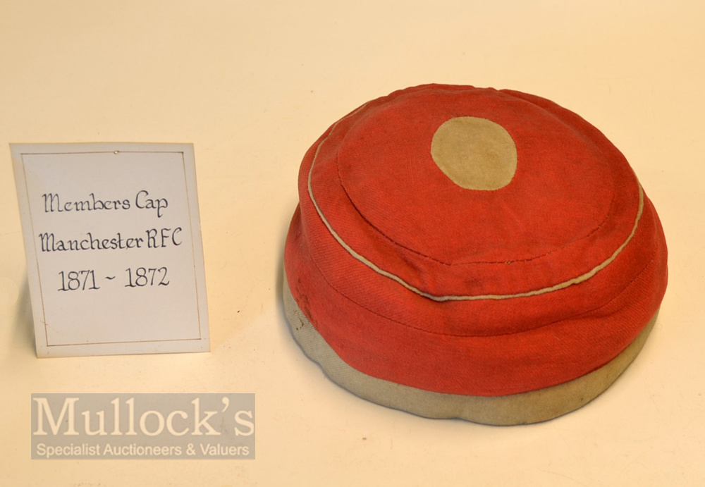 Very Rare 1871-72 Manchester Football Club Member’s Pillbox Rugby Club Cap: a red and light blue