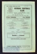 1952/53 Hendon v Arsenal football programme 21 March fr match at Cricklewood. Good.