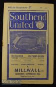1938/39 Southend Utd v Millwall London Combination football match programme 24 September, no staple,