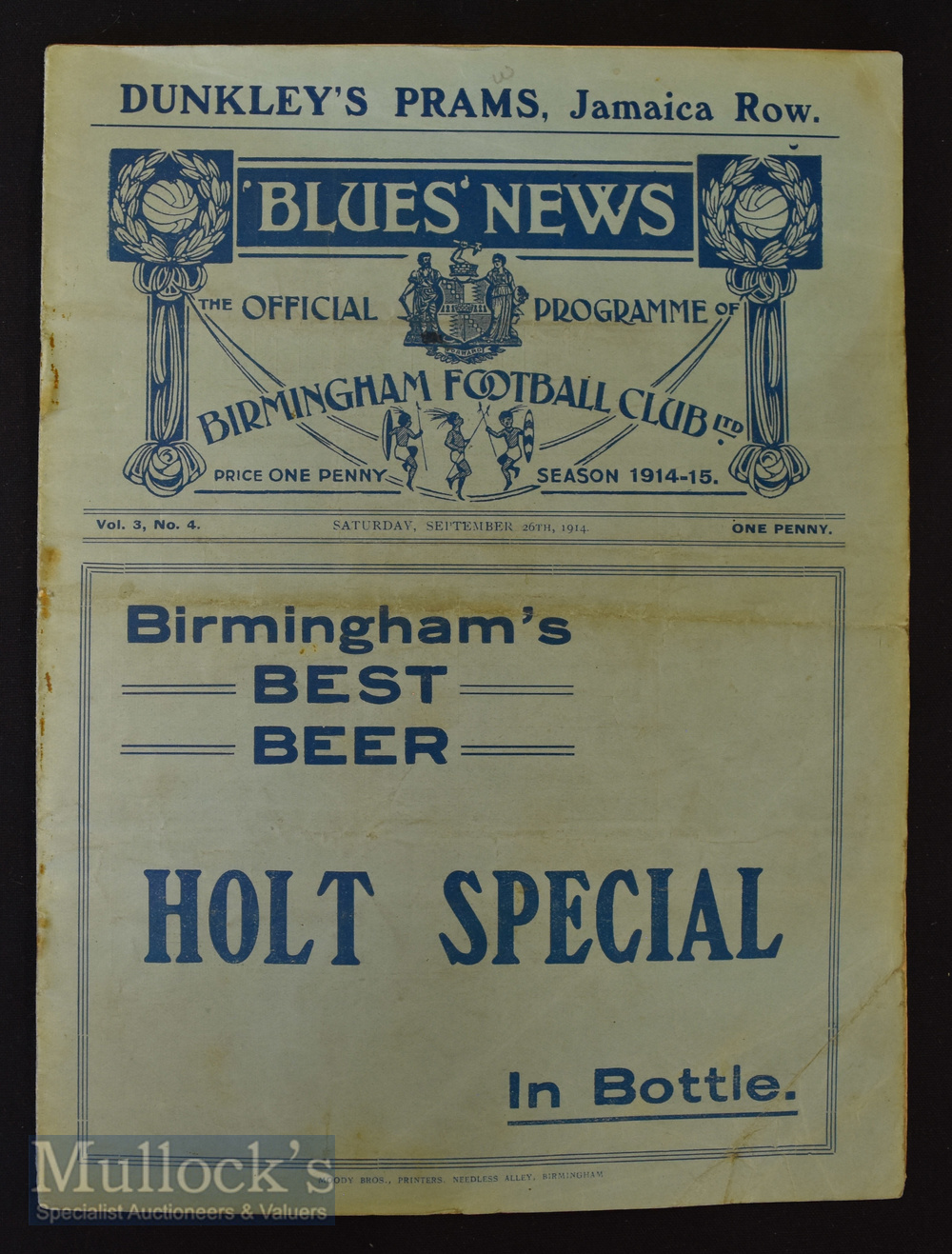 1914/15 Birmingham City v Wolverhampton Wanderers Div. 2 football match programme 26 September; fold