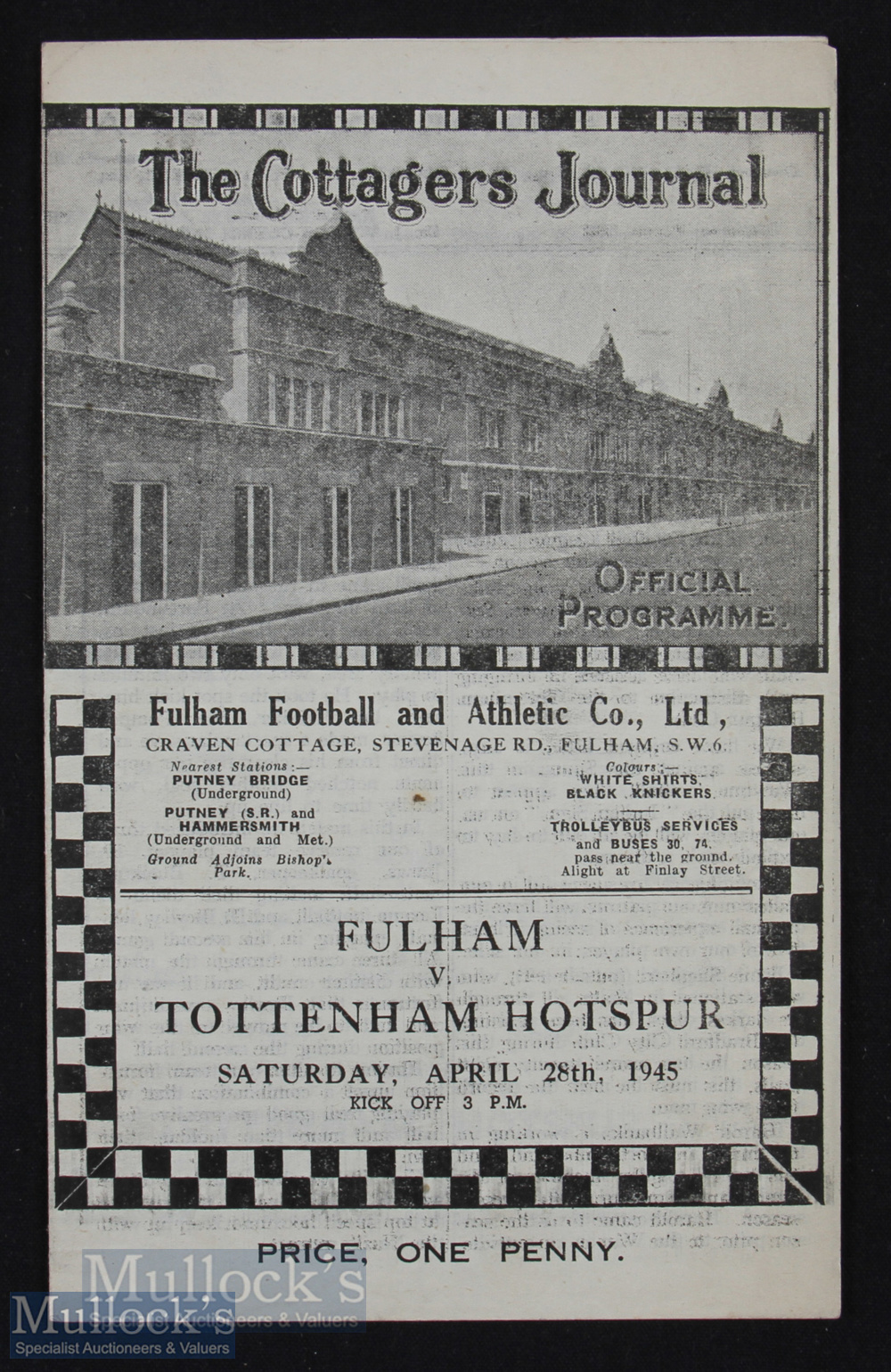 1944/45 War league south Fulham v Tottenham Hotspur match programme 28 April, 4 page, slight
