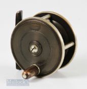 J Forrest of Oxford 2 ½” brass and ebonite trout reel with oval maker’s details to backplate, nickel