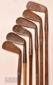6x R Forgan assorted irons featuring a jigger (no grip), deep faced mashie (shaft stamp), ladies