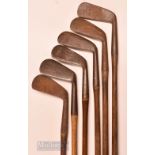 6x R Forgan assorted irons featuring a jigger (no grip), deep faced mashie (shaft stamp), ladies