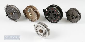 Mixed Centrepin Reel Selection (5) – Lewtham Products “The Leeds Classic” 4 ¾” twin handle reel,