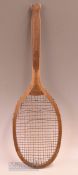 Rare Slazenger ‘Demon’ wooden fishtail tennis racket with convex wedge, stamped with ‘The Demon’